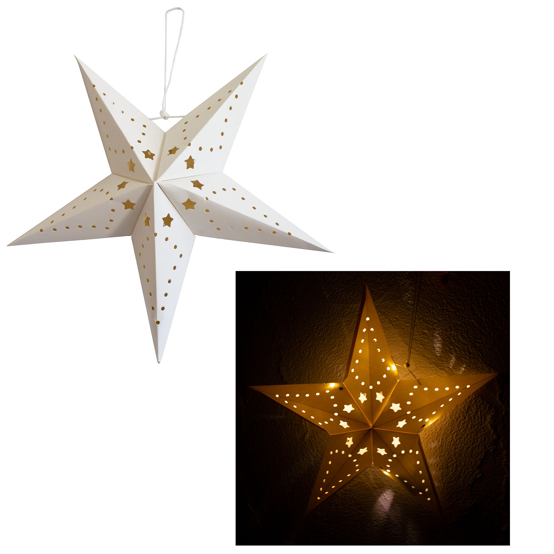 75044_neu_ Lampe Papierstern mit 4 LEDs zum Hängen Ø 45 cm - Batteriebetrieben