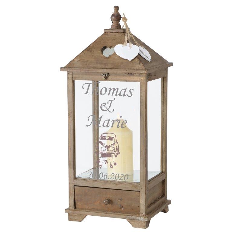 Laterne "Mirano" aus Holz mit persönlicher Gravur zur Hochzeit