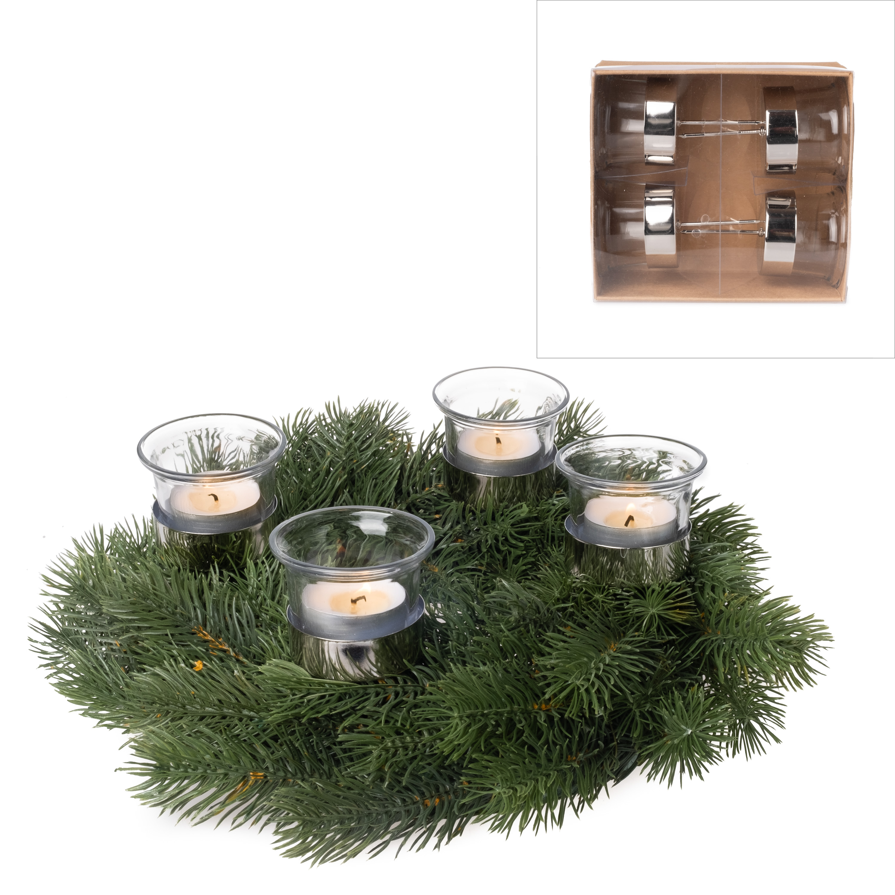 95103 4-tlg. Set Adventskranzhalter aus Glas mit Metallhalterung H 9,8 cm