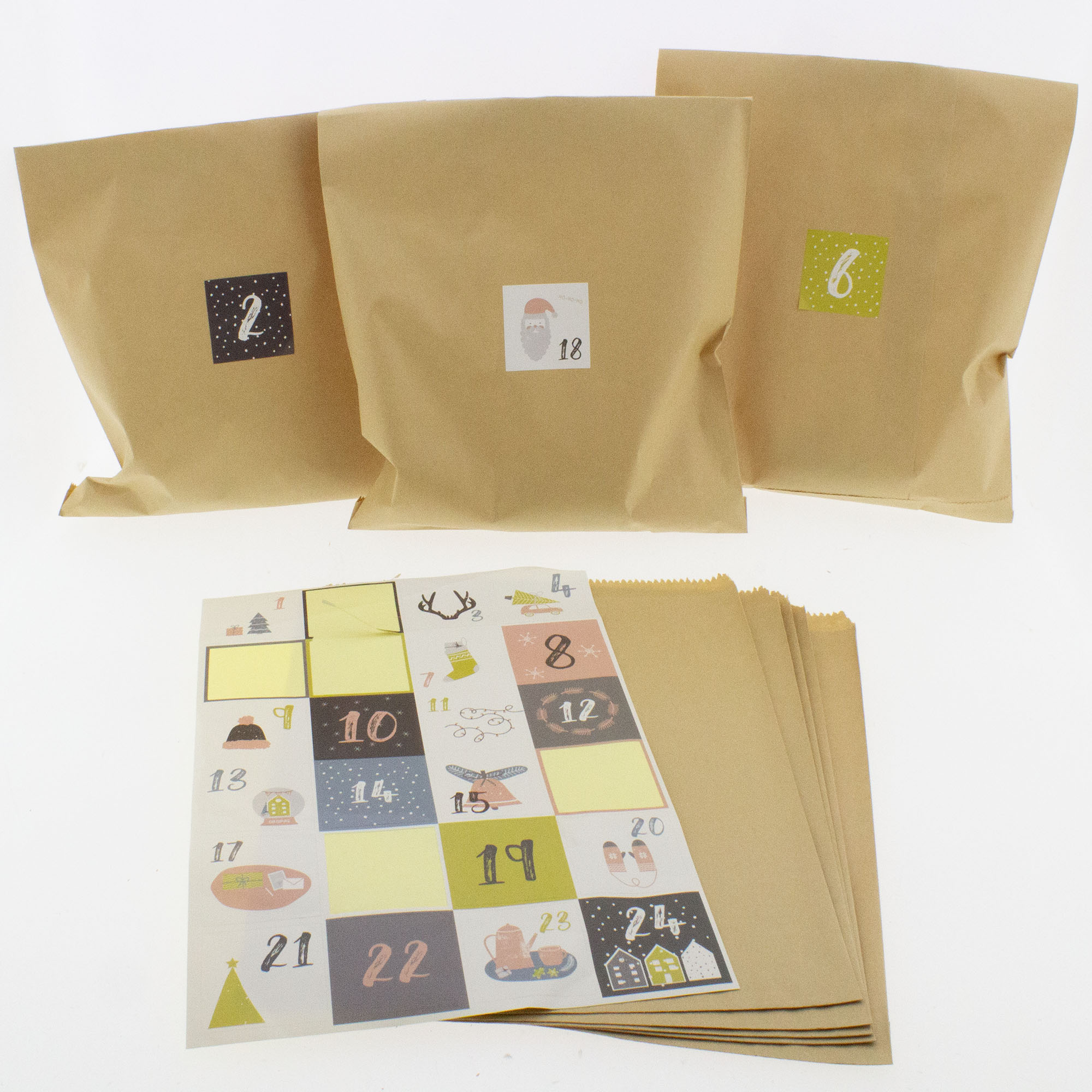 75727_Adventskalender DIY Adventskalender mit 24 braunen Beuteln und Zahlensticker von 1-24