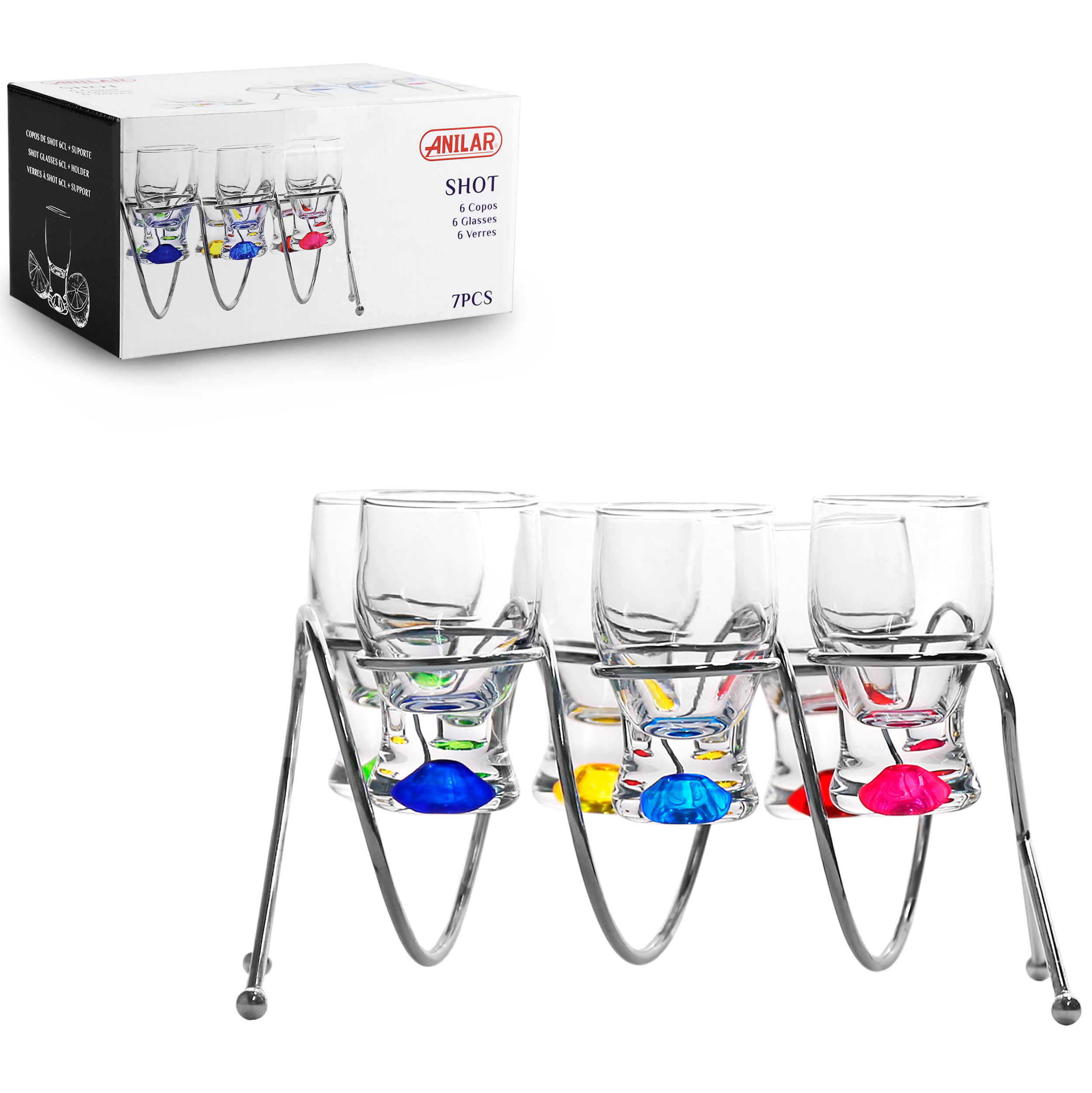 2013083Xg700ZwyQkrIo 7-tlg. Set Schnapsgläser 40 ml mit buntem Boden und Metallständer