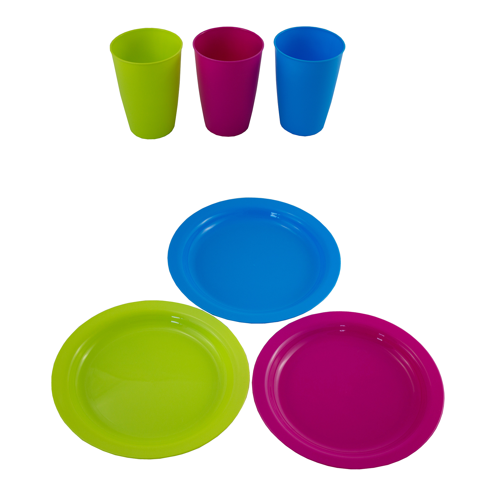 Becher-44934_Teller-76733 24 tlg.Set, Teller und Becher aus Kunststoff in drei fröhlichen Sommerfarben