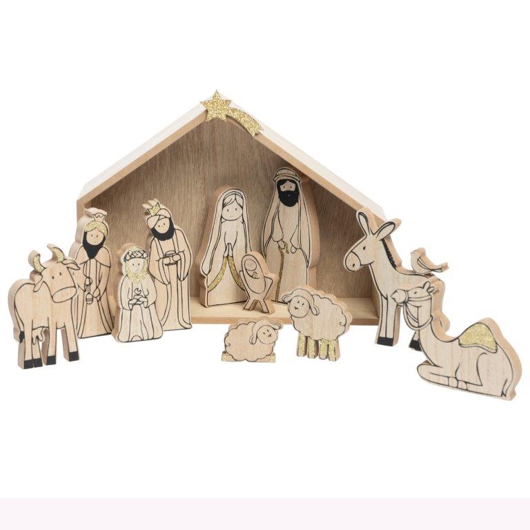 13-tlg. Set Weihnachtskrippe aus Holz mit Figuren -  25 x 19 x 6 cm (L/B/T)