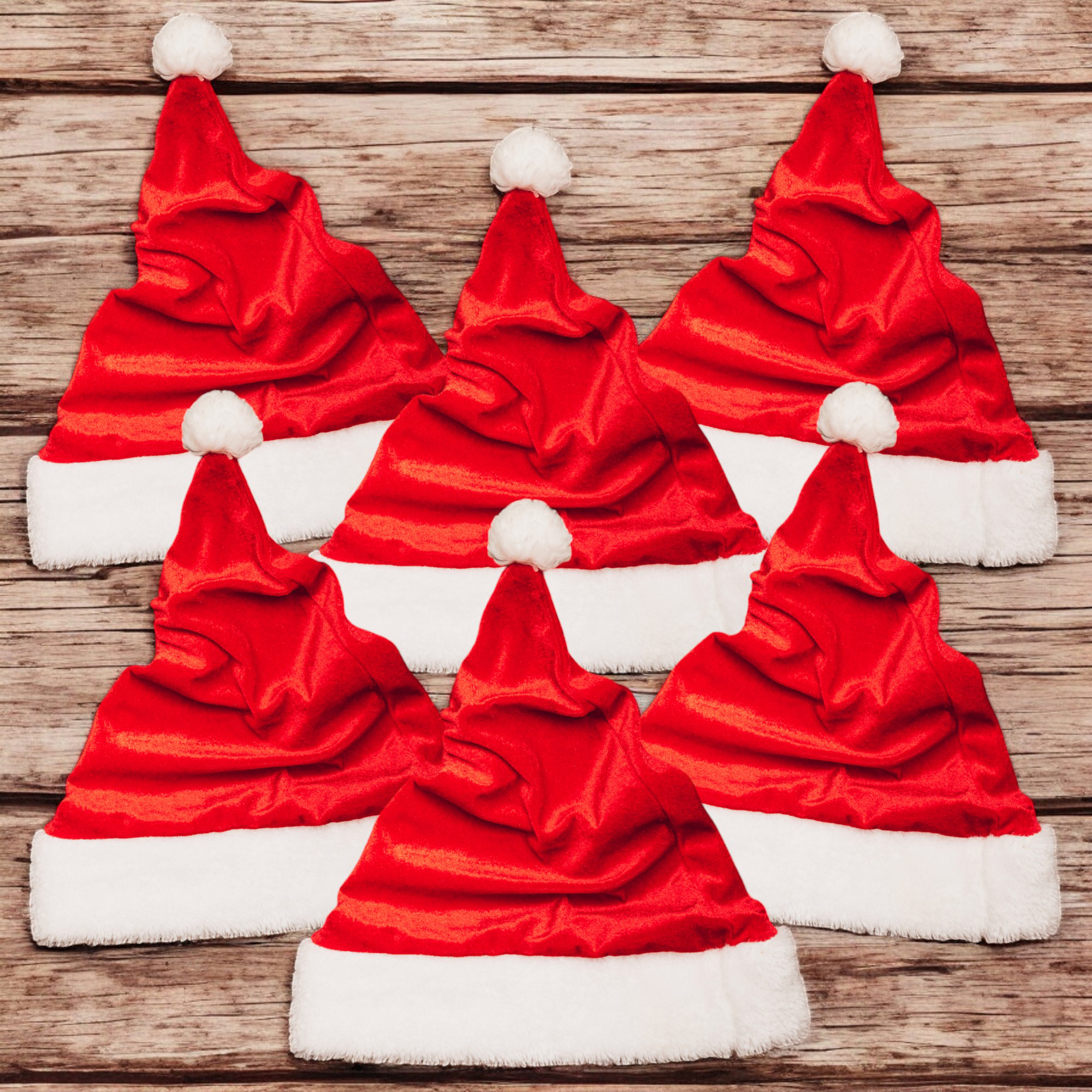 01958-1 6 x Weihnachtsmützen aus kuscheligem Plüsch - Nikolausmütze mit Bommel