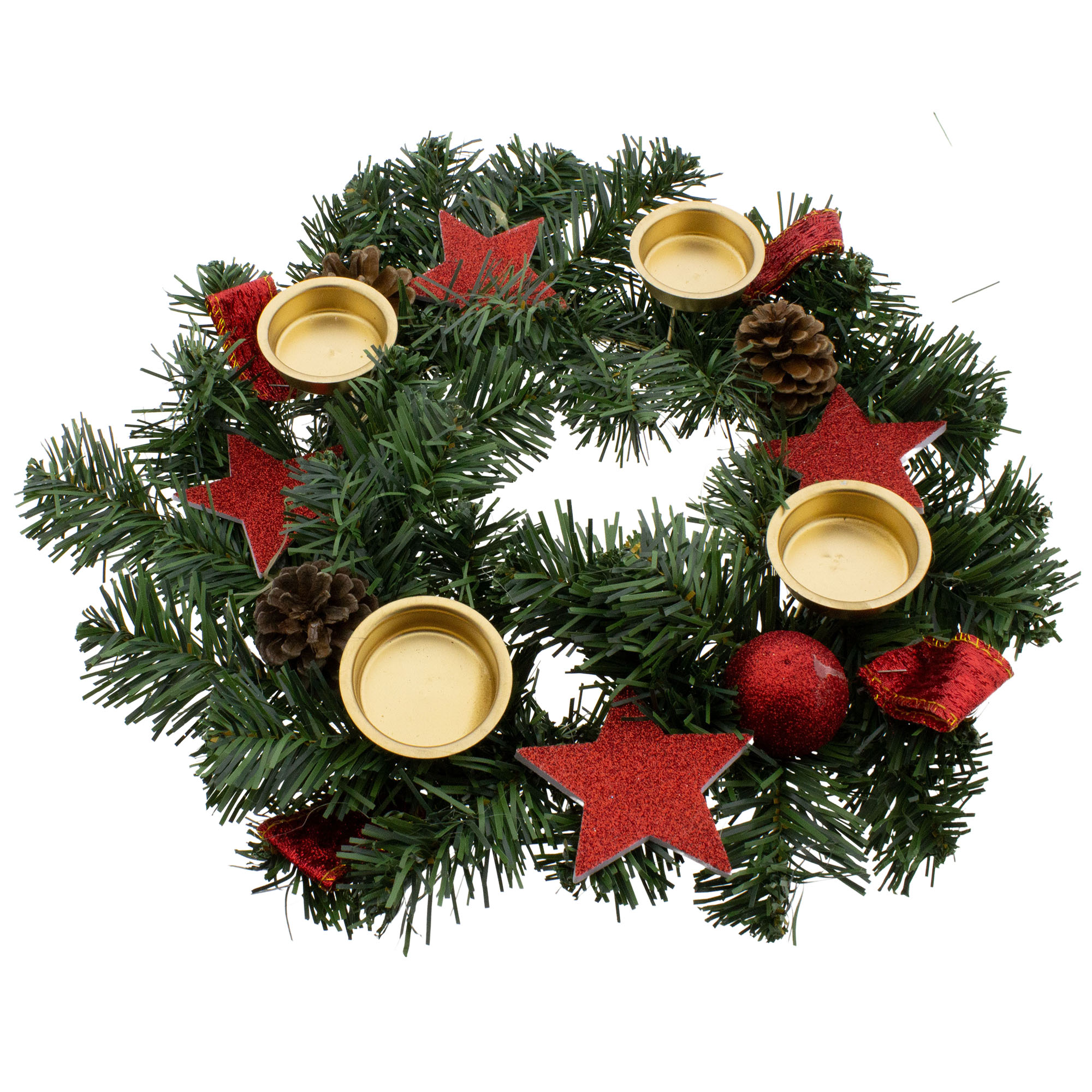 Adventskranz fertig dekoriert mit Schleifen, Sternen und Tannenzweige, inkl. 4 Teelichter - Ø 30 cm