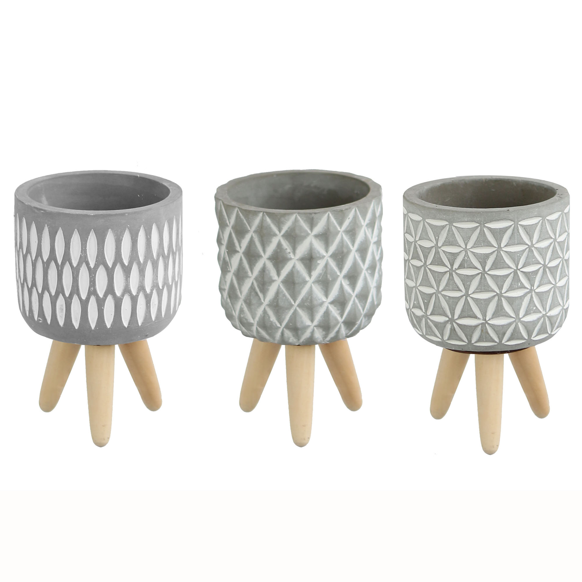 3-tlg. Set Übertopf "Julina" aus Zement mit Holzfüßen 3-fach sortiert