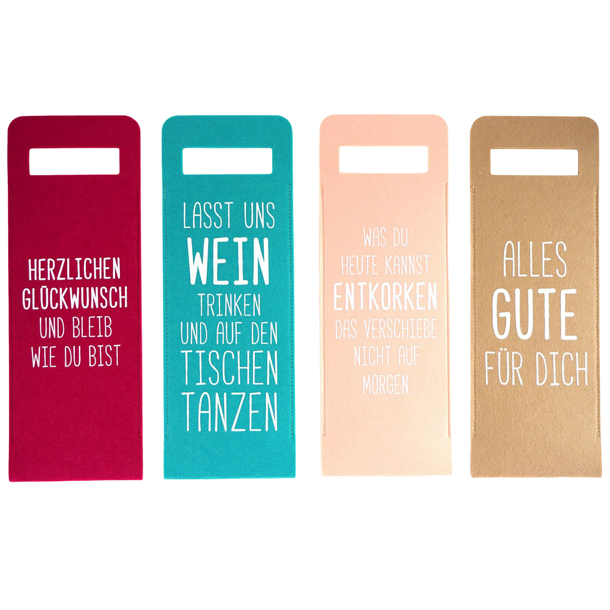 4-tlg. Set Flaschentaschen aus Filz mit Sprüchen
