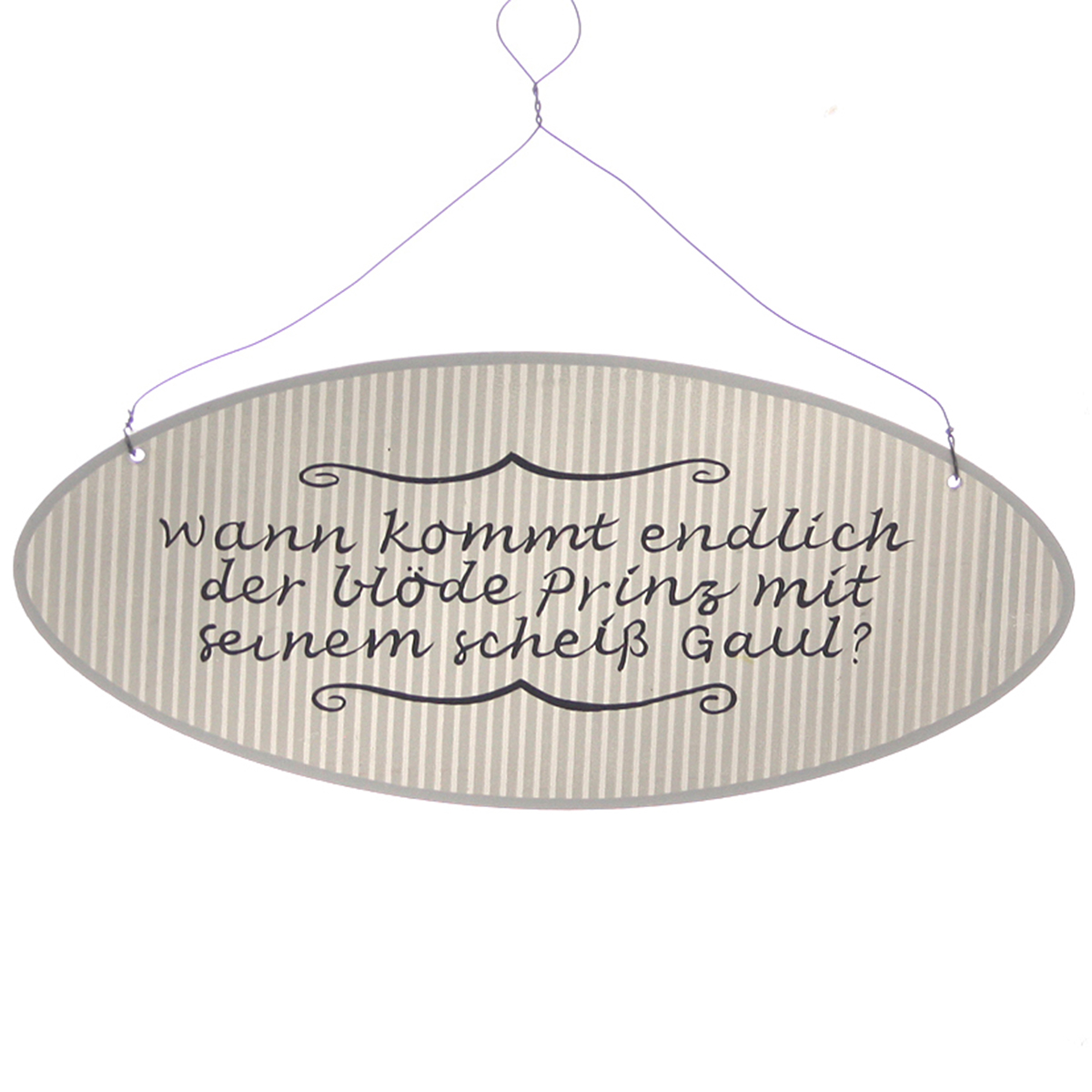 60083 Holzschild "Wann kommt endlich der blöde Prinz mit seinem scheiss Gaul?" 19,5 x 8,5 cm oval