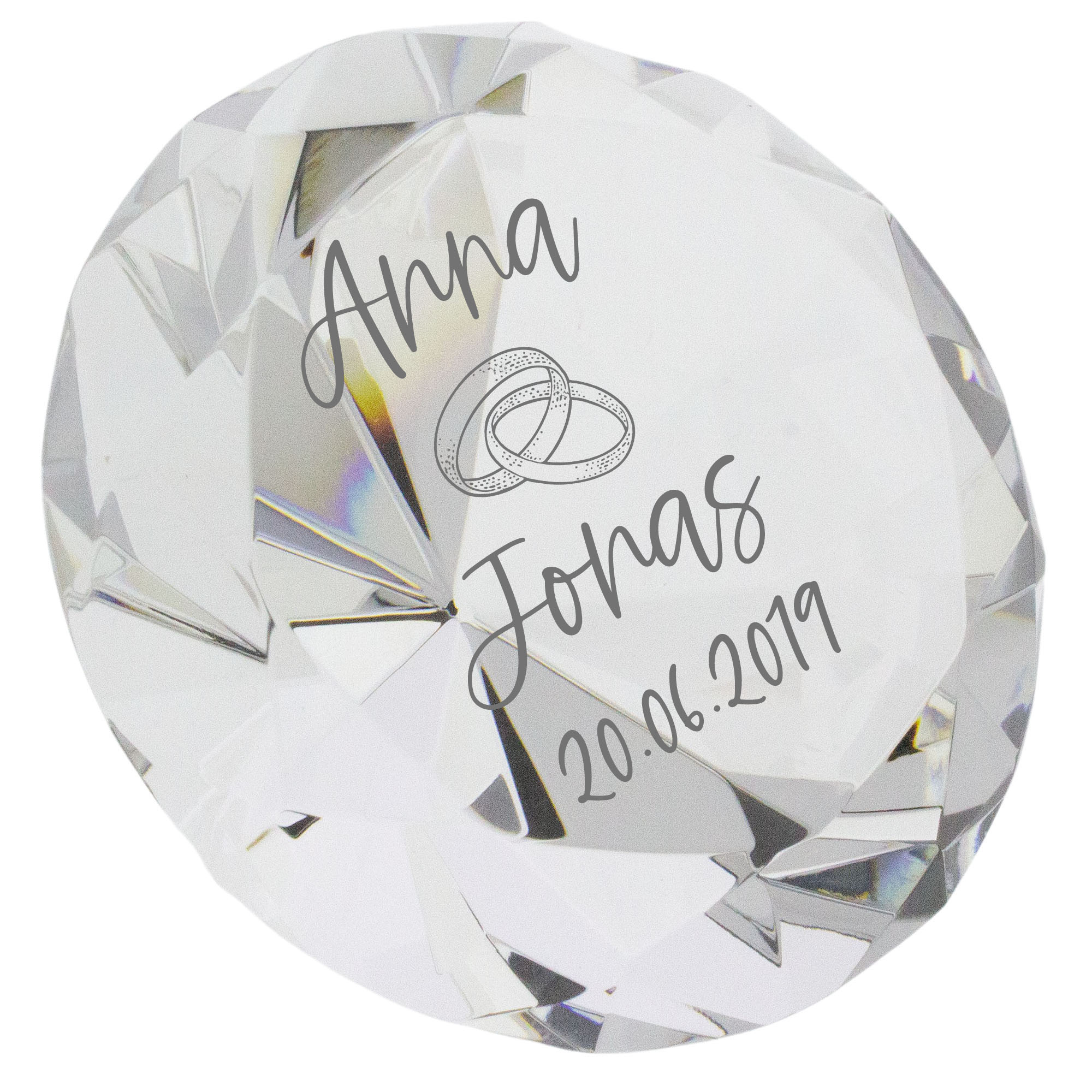 Kristall-Diamant miit Gravur für Hochzeit und Verliebte Ø 80 mm