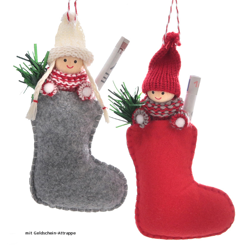 083990a 4 x Anhänger "Wichtel in Socke" für Geldgeschenke H 17 cm
