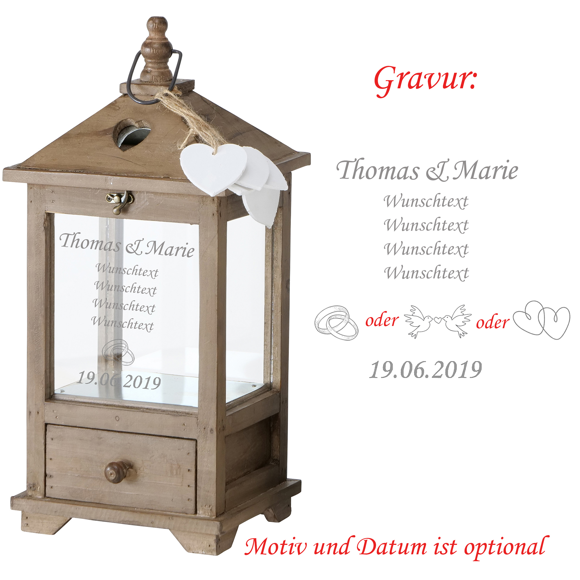 Laterne "Mirano"aus Holz mit persönlicher Gravur zur Hochzeit oder mit Wunschtext