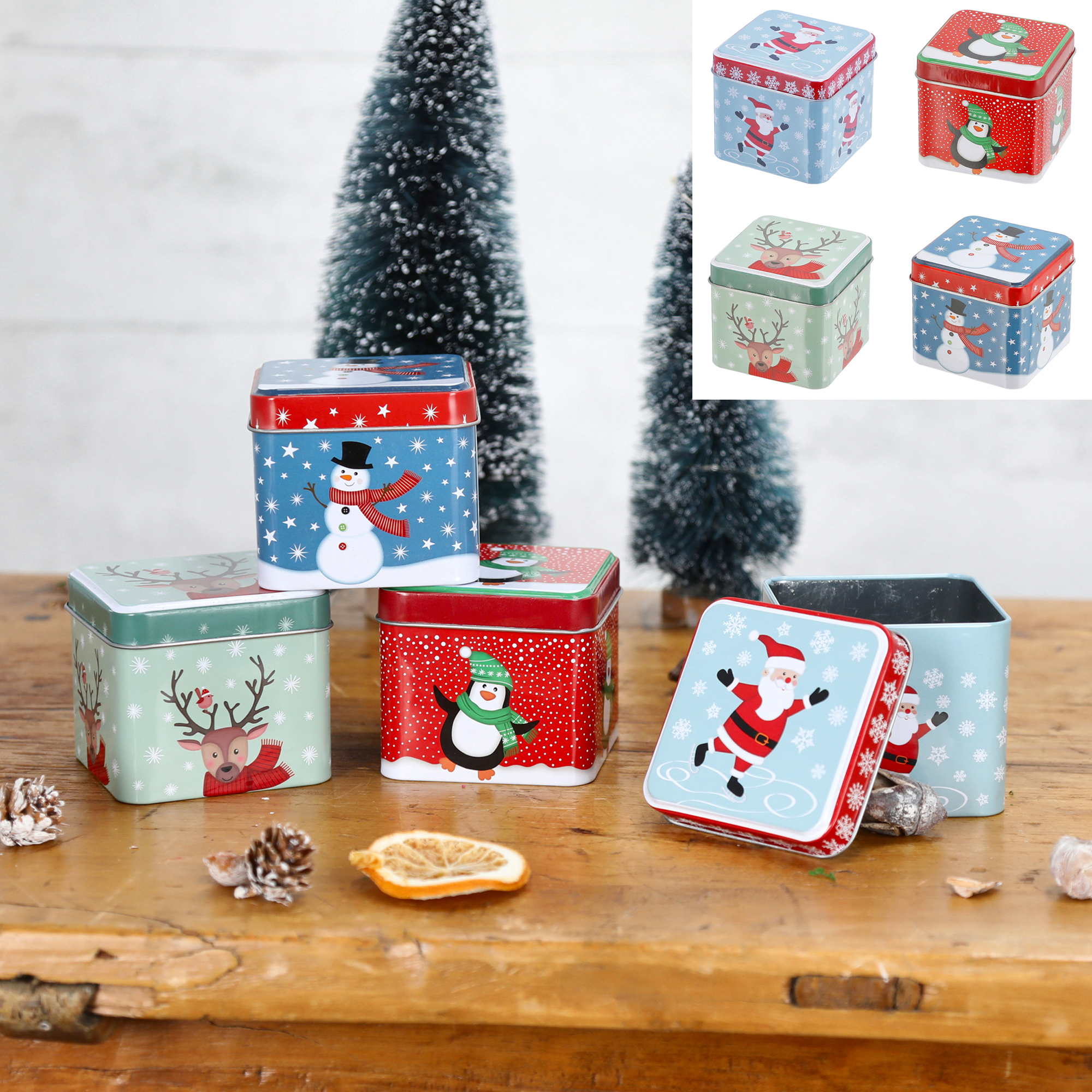 68636 4-tlg. Set Metalldosen mit Deckel und Weihnachtsmotiven - 7,5 x 6,5 cm
