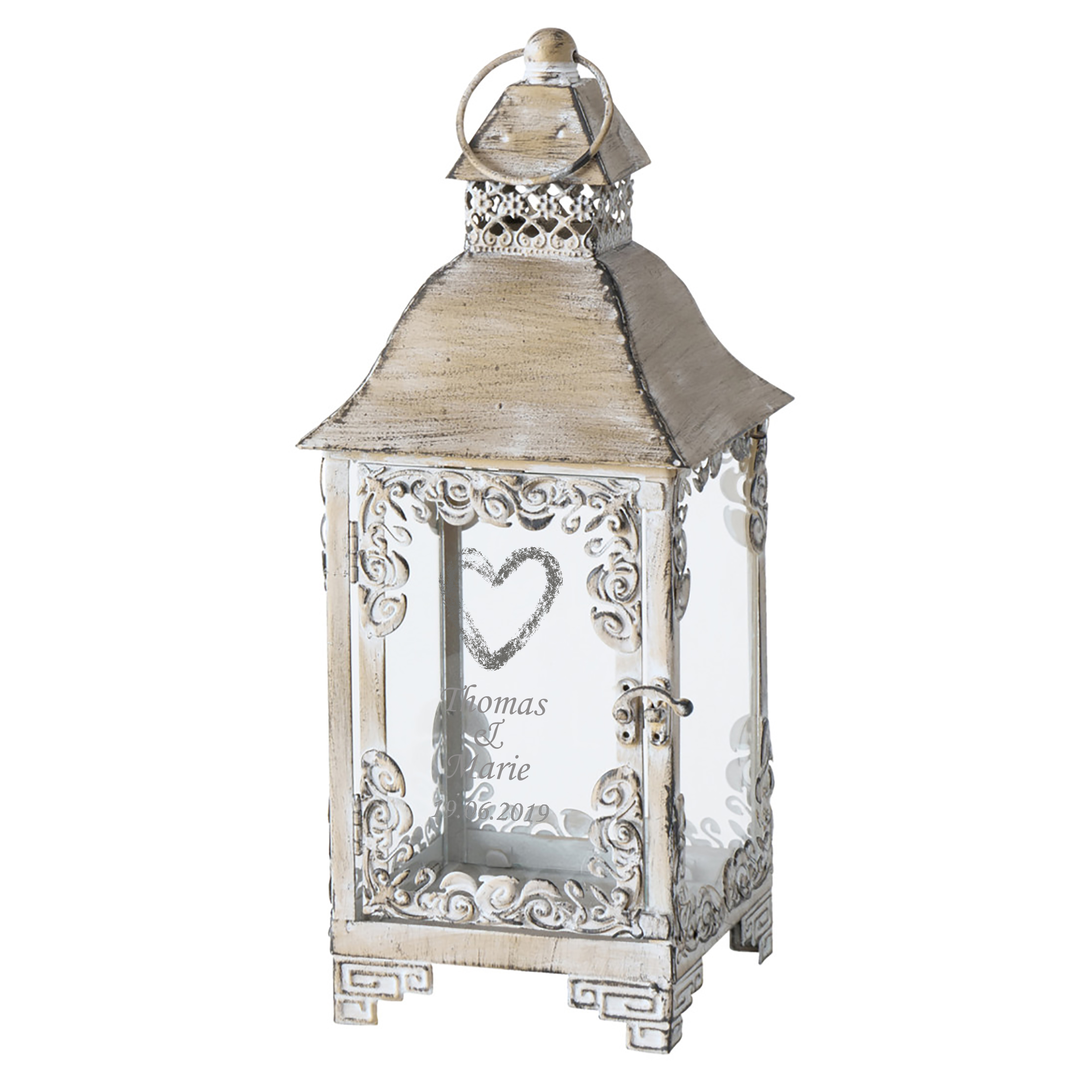 Laterne "Tyra" aus Eisen in romantischer Haptik mit Gravur