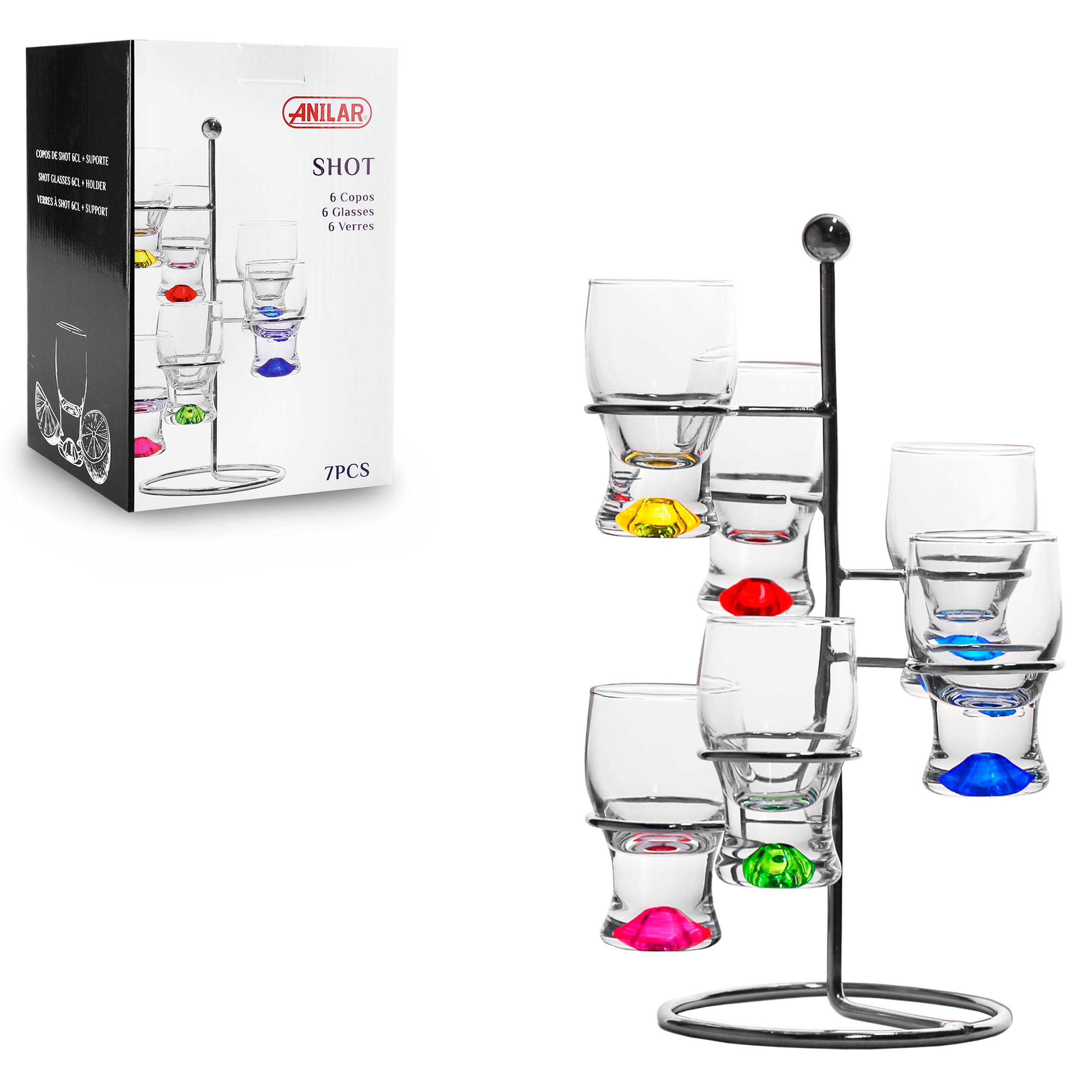2013069bqYgZO2rxAqmz 7-tlg. Set Schnapsgläser mit buntem Boden 50 ml inkl. Ständer