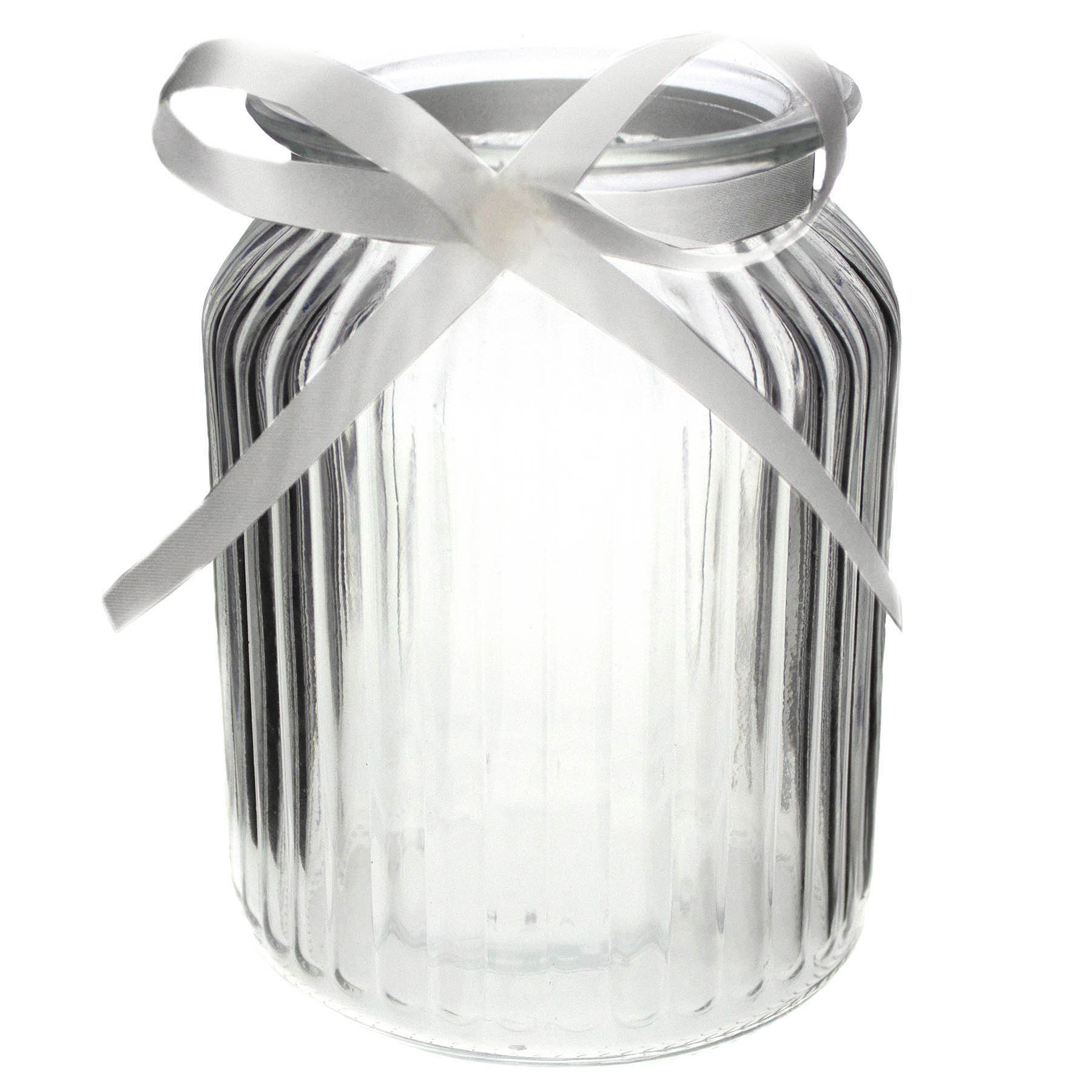 512679_mit-weissem-Band 12 x Windlichter geriffelt mit Deko-Band H 14,5 cm