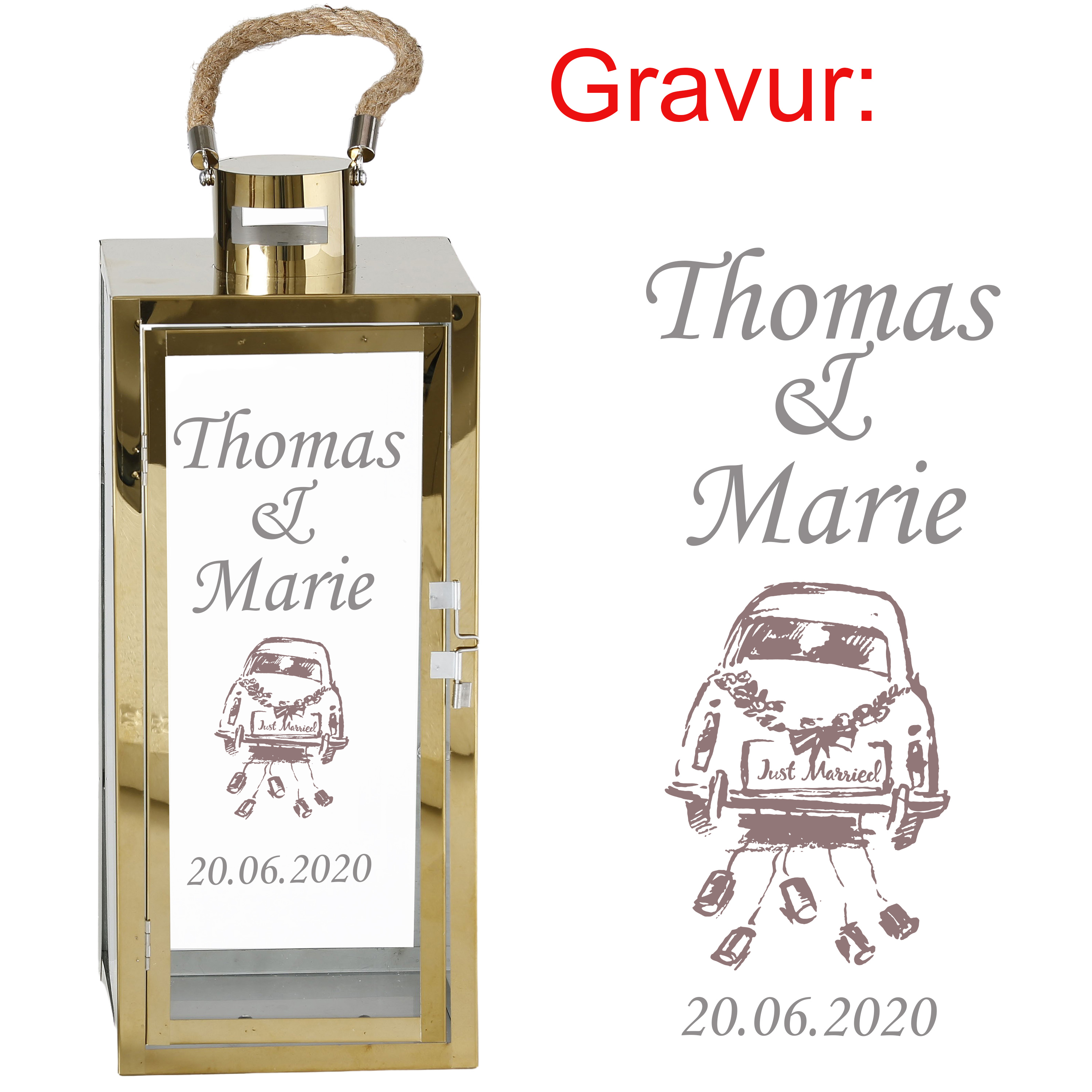 Laterne "Genua" aus Eisen mit persönlicher Gravur zur Hochzeit H 31/45 cm