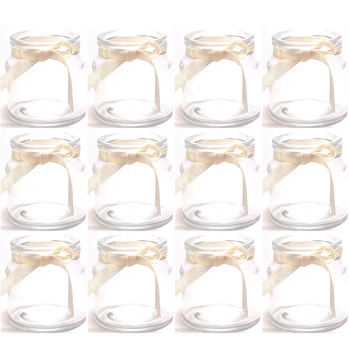 12 x Teelichtgläser - Windlichter mit cremefarbenem Band H 7 cm