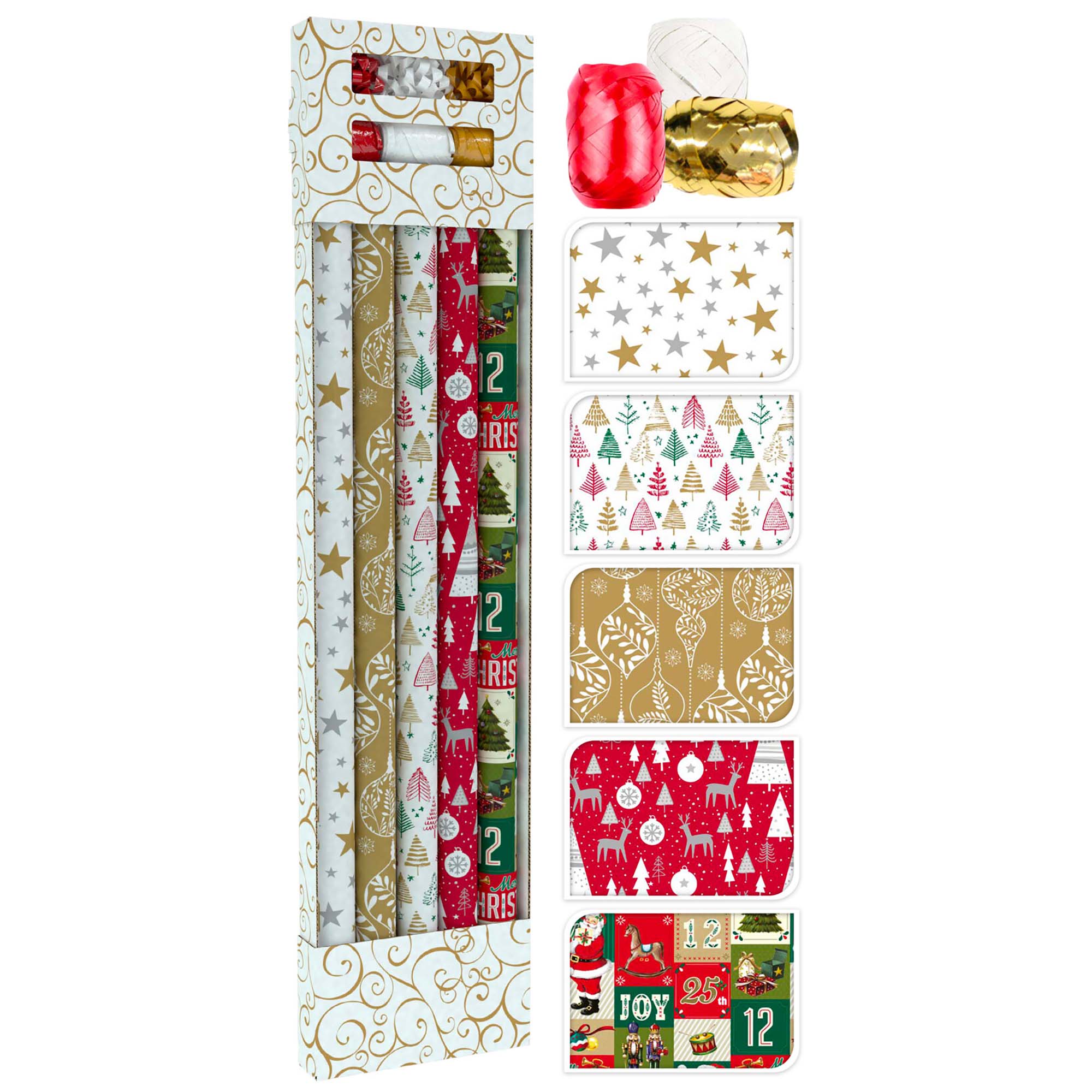 Geschenkpapier für Weihnachten 11-tlg - 5 Rollen + Schleifen + Bänder