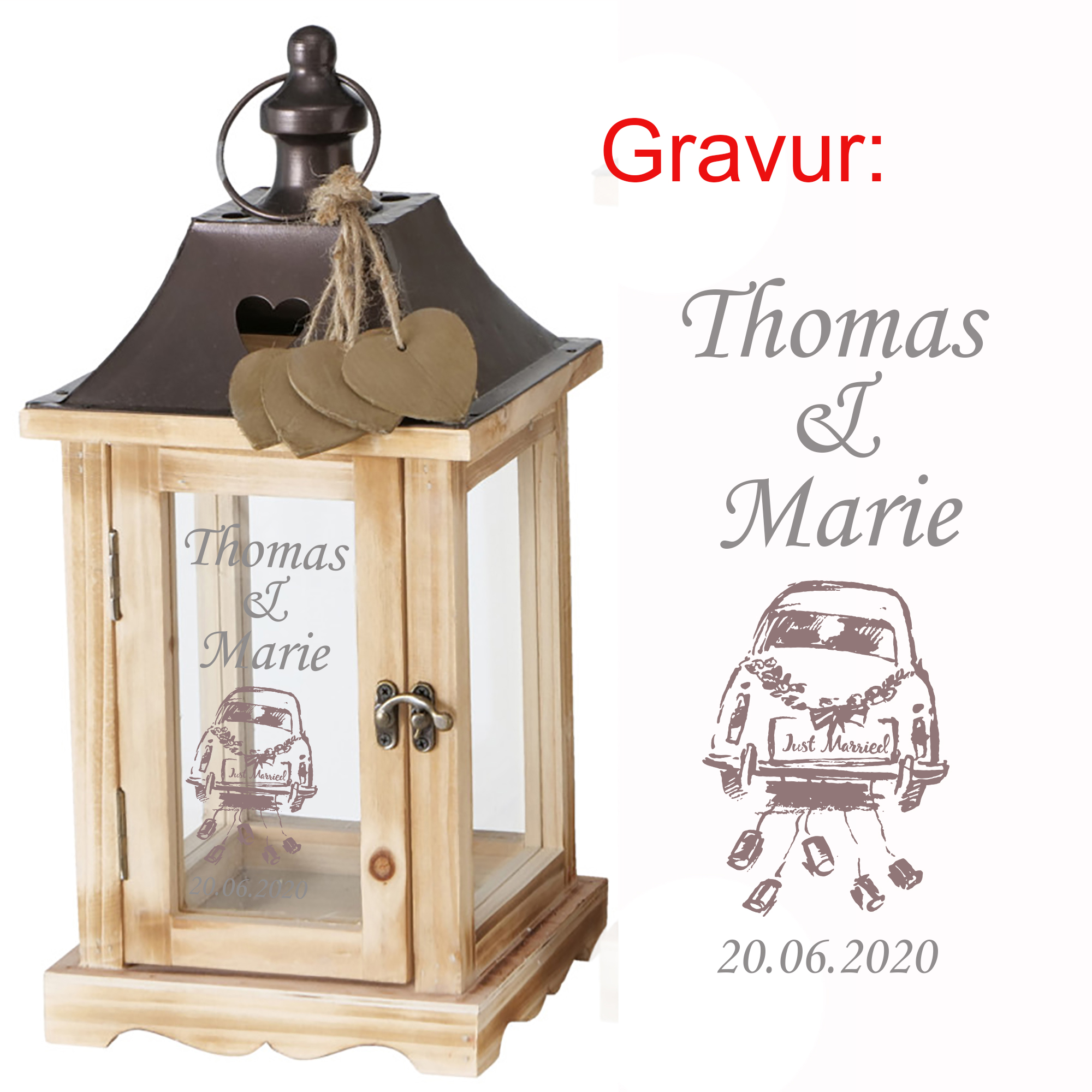 Laterne "Salzburg" aus Holz mit persönlicher Gravur zur Hochzeit H 40/54 cm