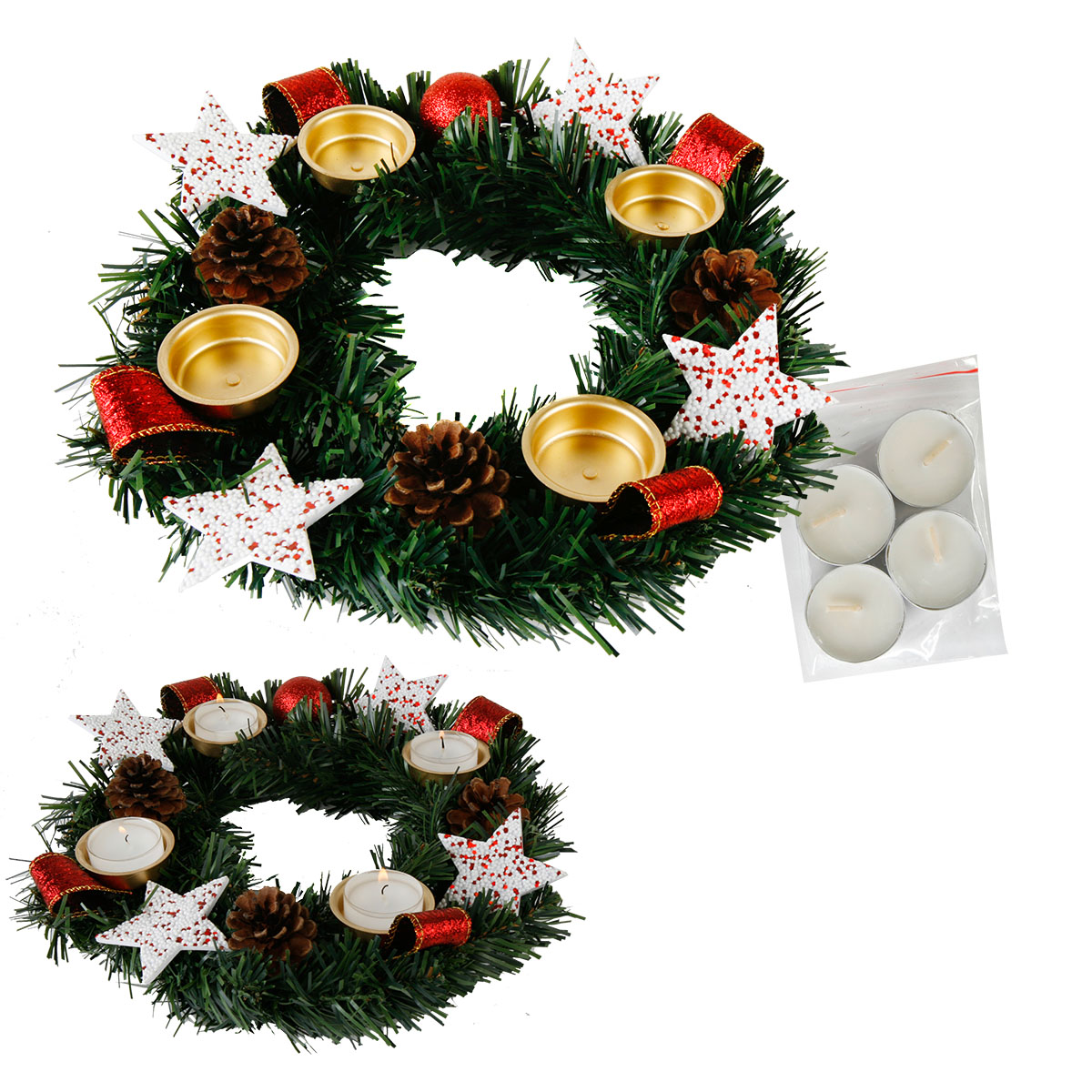 881036JNyrEqz2VgTJc Adventskranz fertig dekoriert, rot verziert  inkl. 4 Teelichtern Ø 30 cm