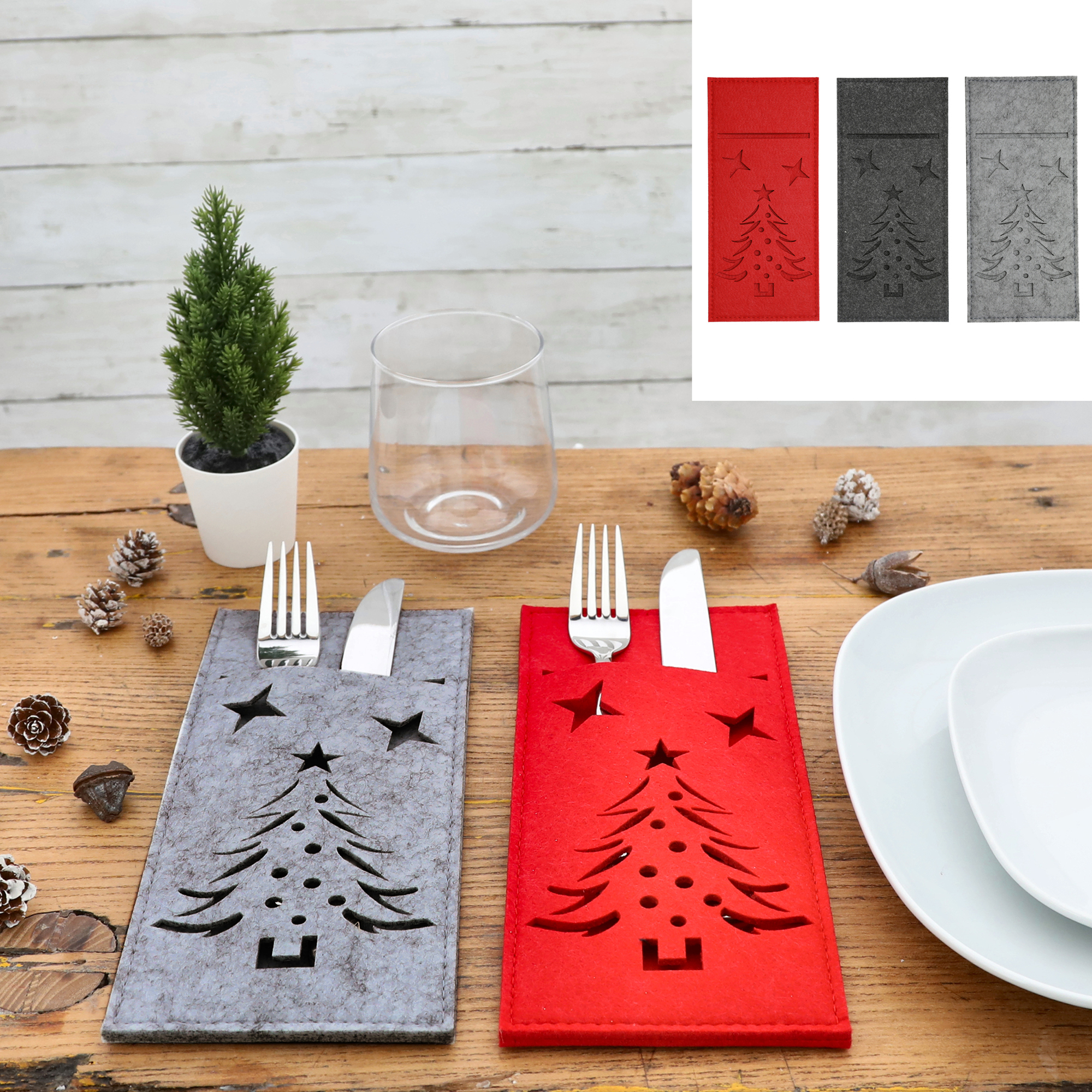 68300-Kopie 6 x Bestecktaschen aus Filz mit ausgestanztem Weihnachtsbaum - 3 Farben sortiert