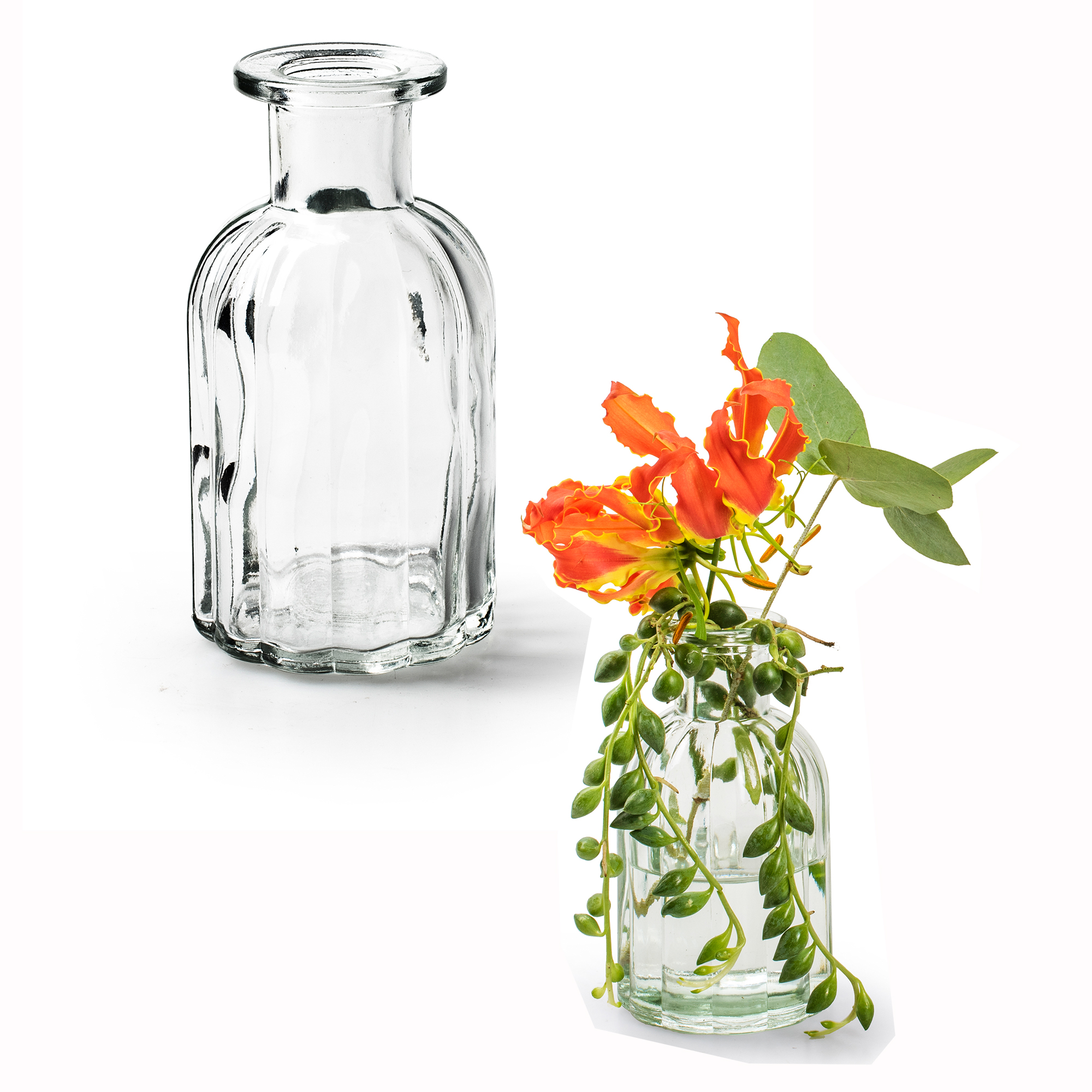 39368-Kopie 6 x Vasen aus Glas in geriffelter Optik, klar H 10,5 cm - Ø 5,5 cm