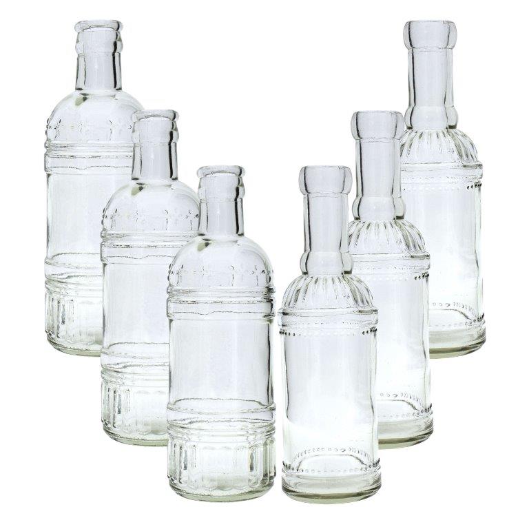 24586_6er 6-tlg. Set Glasflaschen - Vasen - Dekoflaschen im Vintage Look H 20 cm