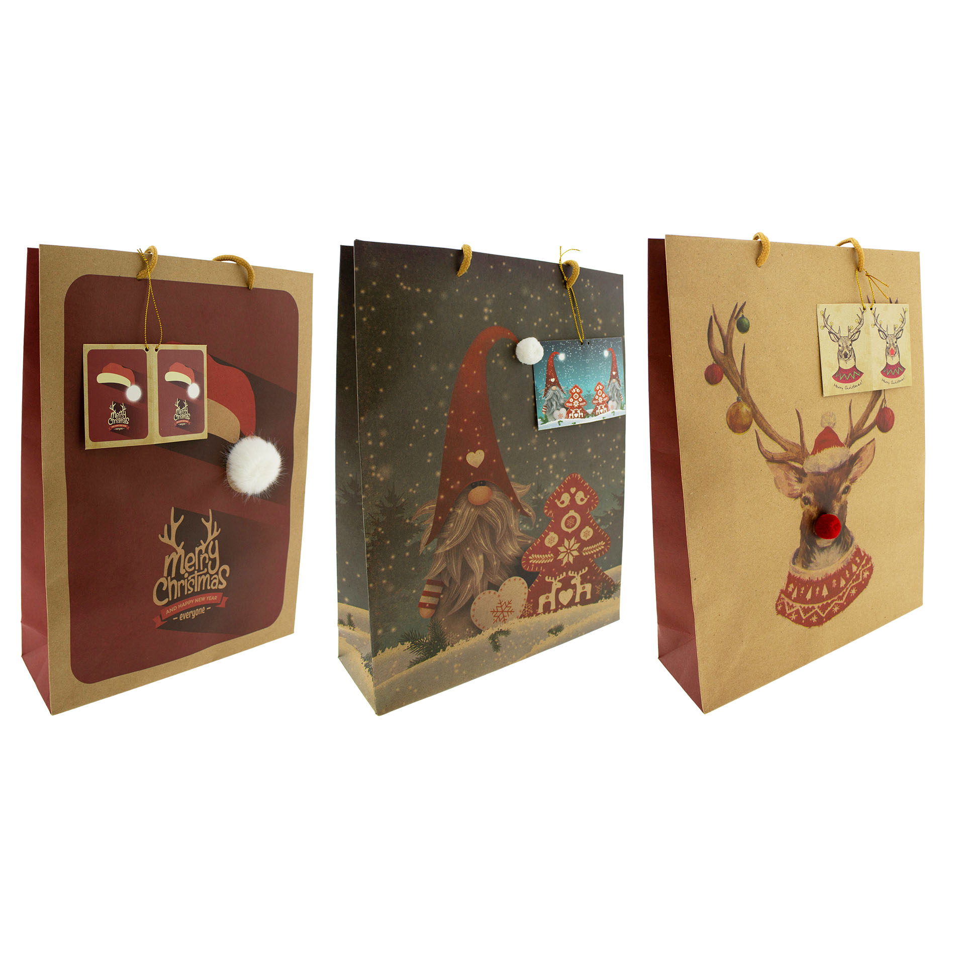 77751_000-t 12 x Weihnachtsgeschenktüten mit süssen 3D Bommeln 26 x 32 x 12 cm