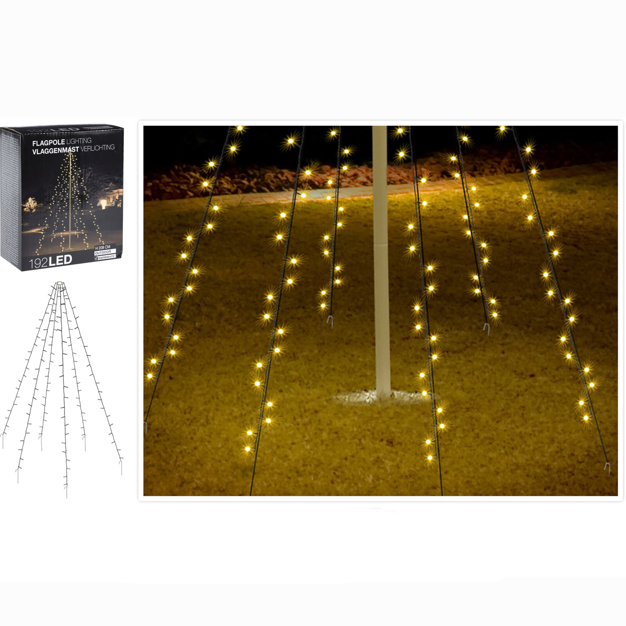 AX8106110_ Lichterkette Fahnenmast oder Baum für Außenbereich - 6 Stränge - 208 cm - 192 LED´s warmweiß