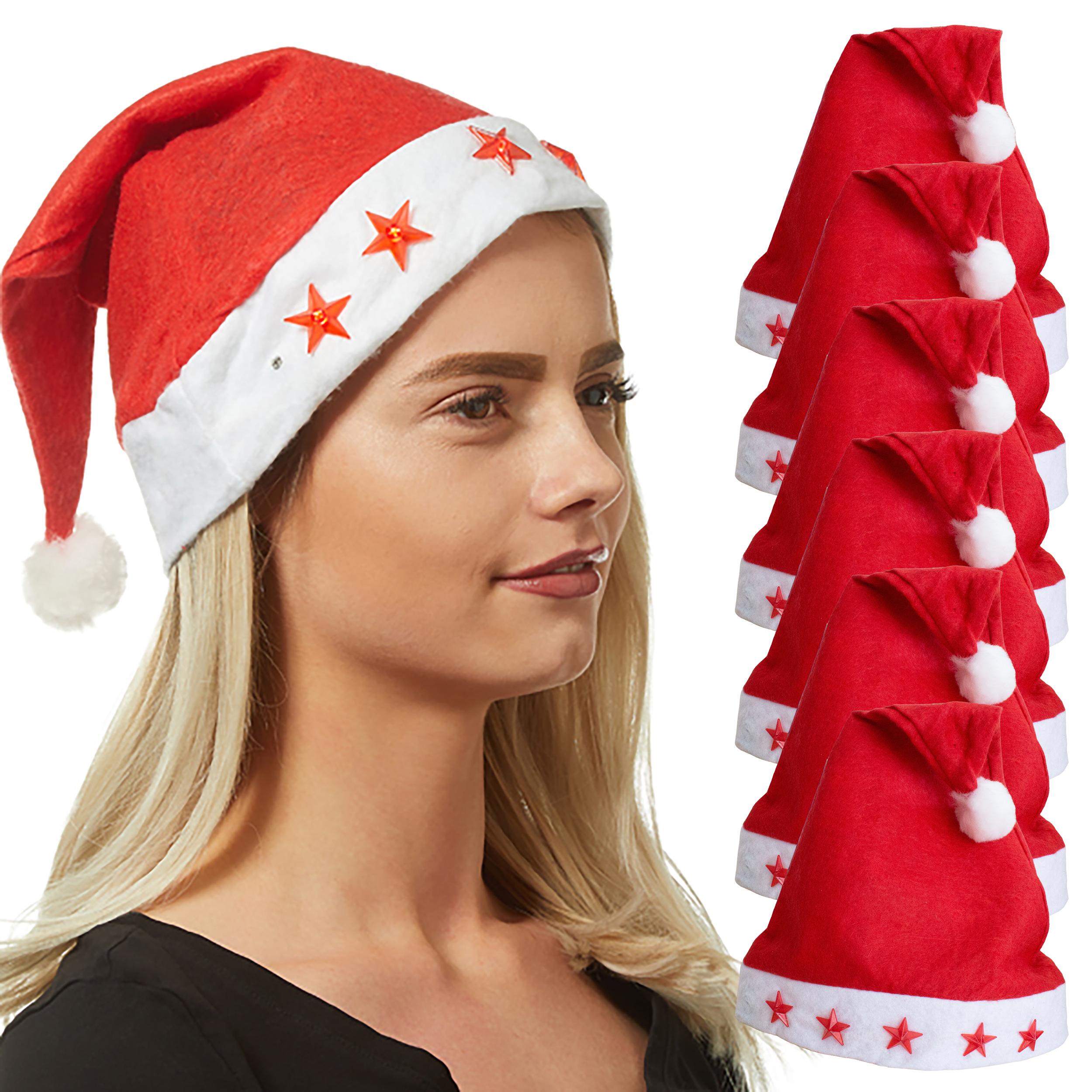 806146-6er 6 x Weihnachtsmütze mit blinkenden Sternen