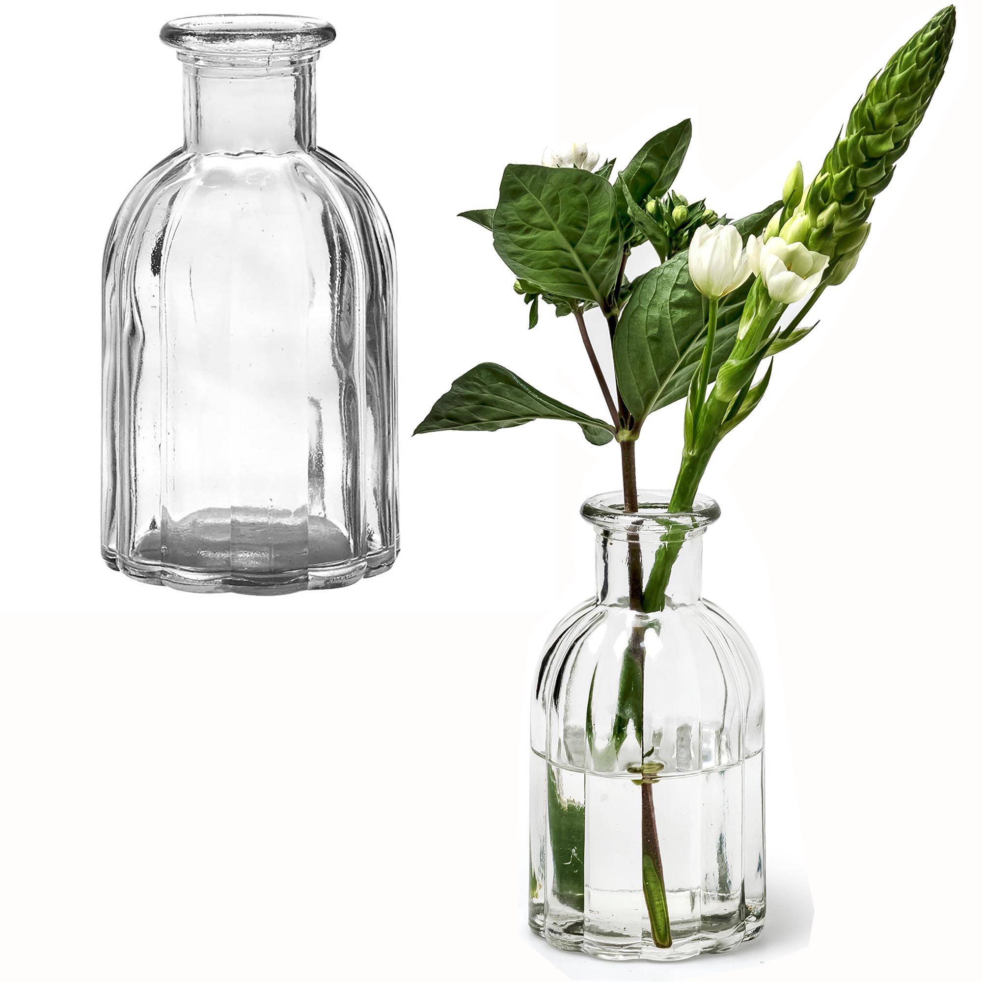 519618_klar_Glasflasche-Kopie 6 x Vasen aus Glas in geriffelter Optik H 13,5 cm