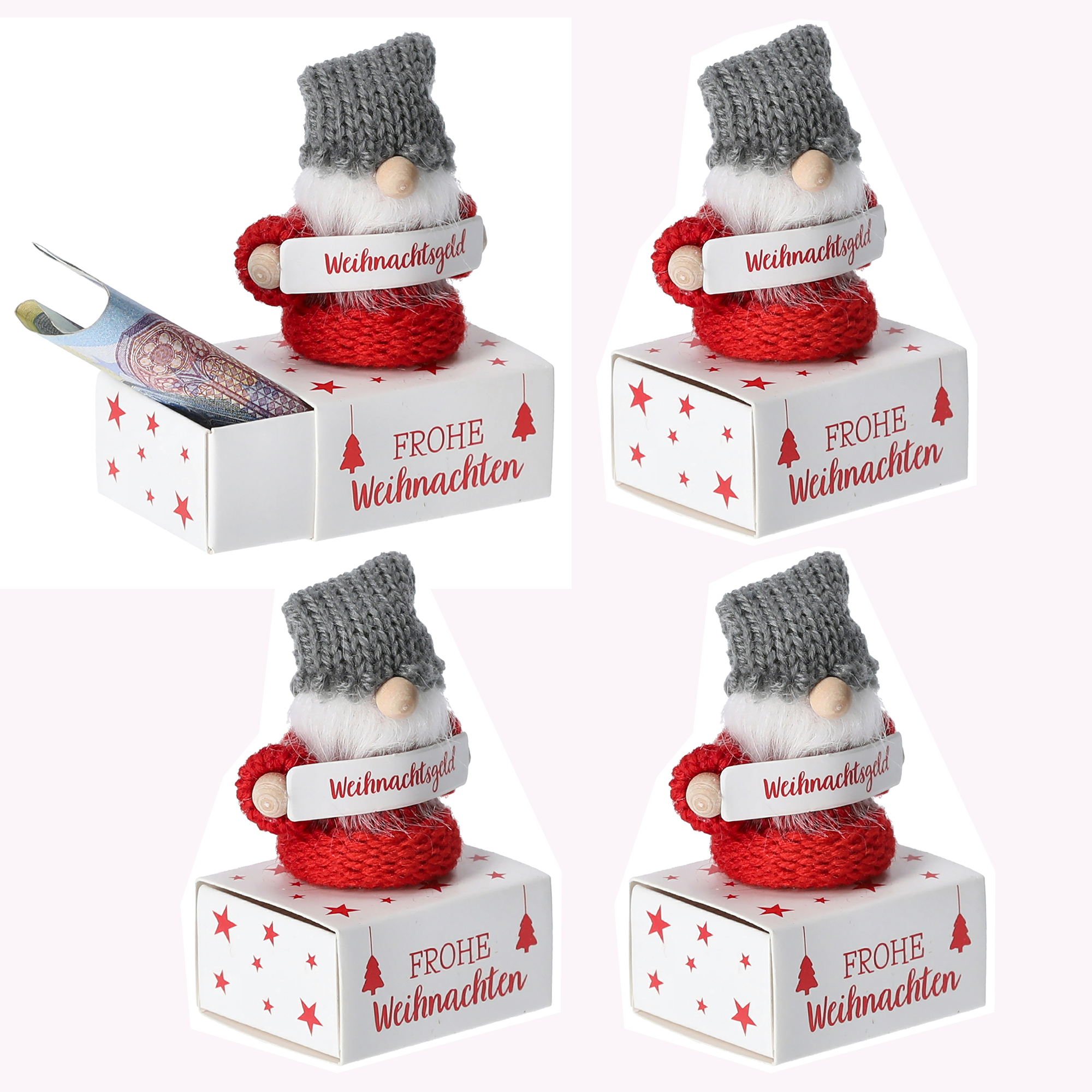 64713-4er 4 x Wichtel "Weihnachtsgeld" mit kleiner Schachtel für Geldgeschenke